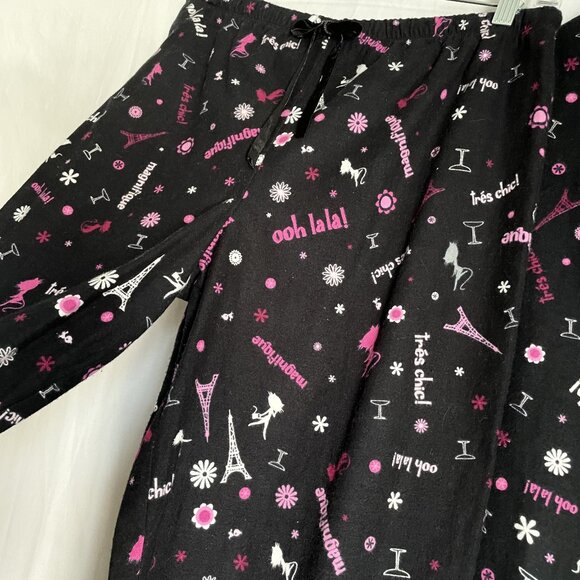French Kitty VTG Flannel Print Pajama SET Size M Black Pink 2 Piece PJ Top Pant - Picture 8 of 15